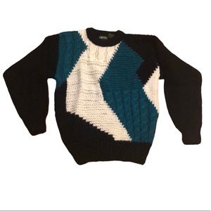 VINTAGE J.T. BECKETT MENS COLOR BLOCK KNIT SWEATER BLK TEAL GREEN WHITE SIZE MED